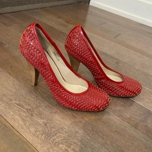 Red Genuine Leather High Heels, ball shoes, woven effect, round toe
